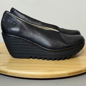 Fly London YAZ Women's 5.5‎ - 6 EU 36 Wedge Platform Pumps Lifted Leather Black